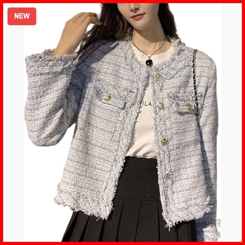 Cropped Collarless Blazer Open Front Tweed Work Jacket
